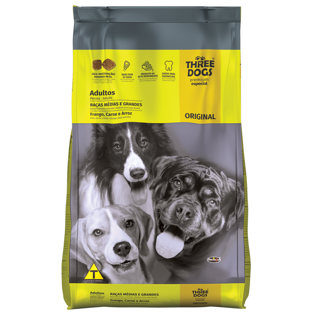 Ração Three Dogs Original para Cães Adultos de Raças Médias e Grandes Sabor Frango, Carne e Arroz